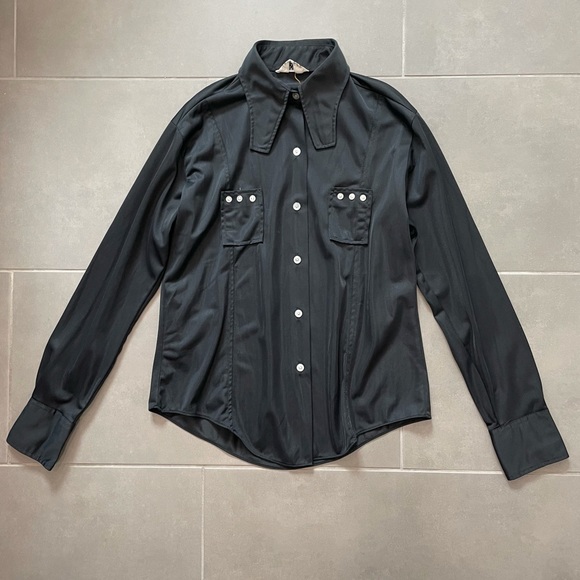 Vintage 1970's Nylon Button Down Unique Blunt Dagger Collar Unisex Top Button Up